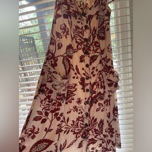 Beautiful cream and rust midi dress that flares at waist